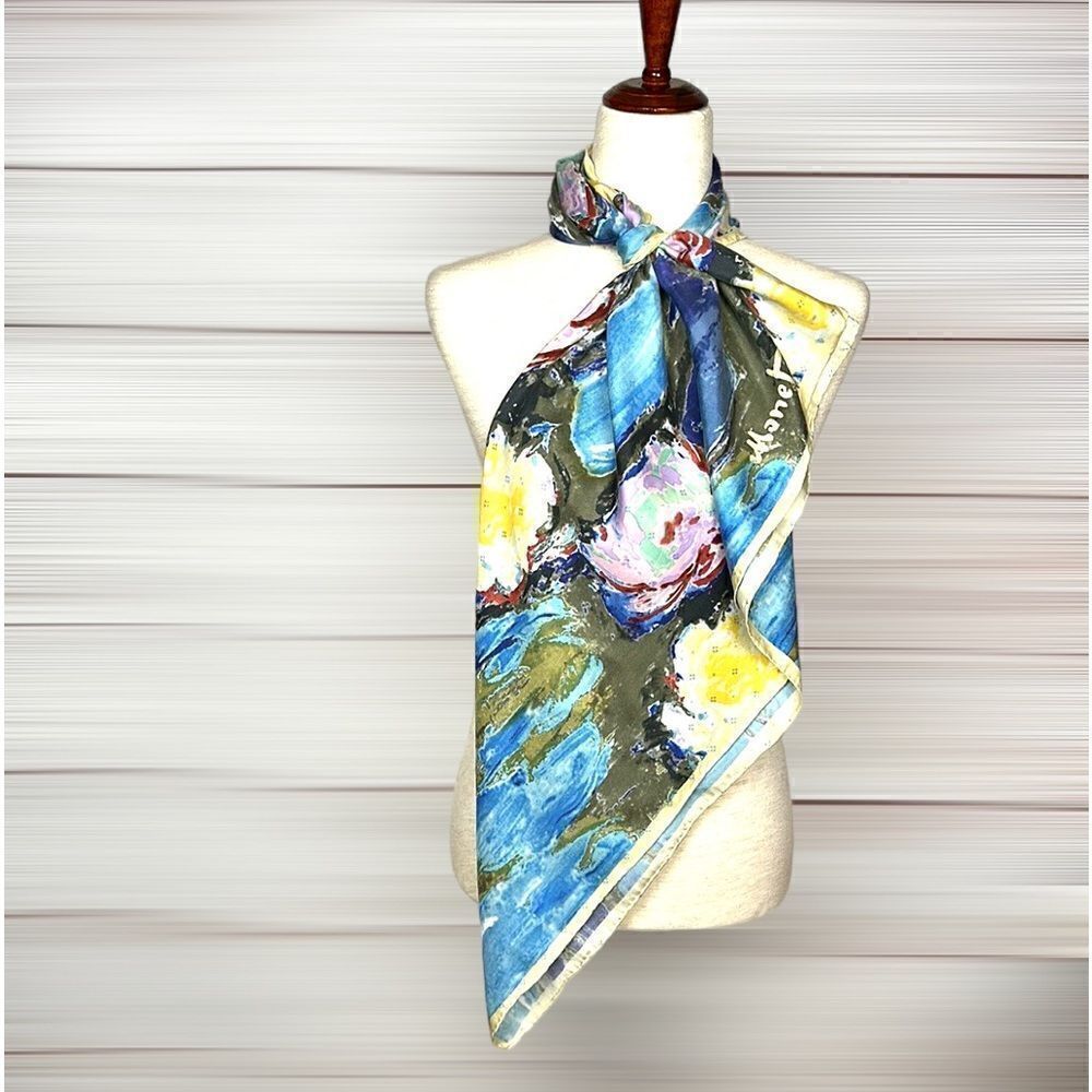 Water Lilies by MONET Scarf Vintage Silk Satin Square  Hand Rolled Blue Yellow